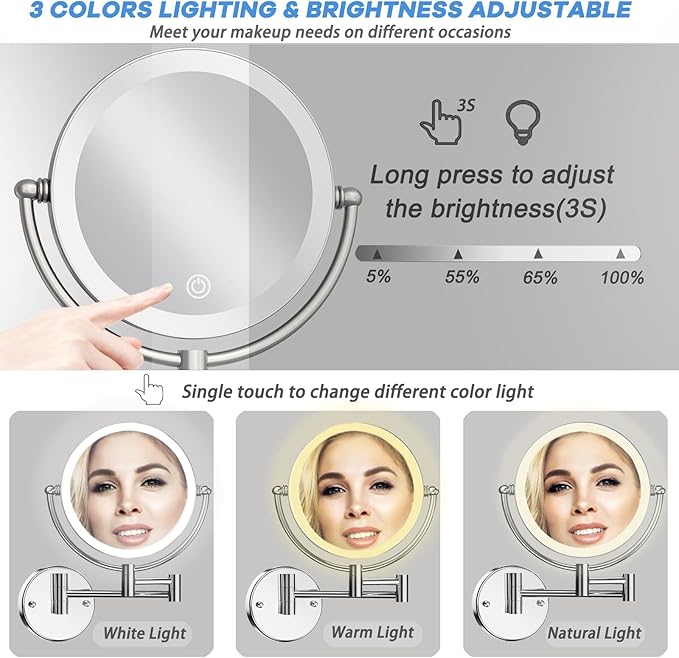 Hardwired Wall Mounted Makeup Mirror Magnifying, Double Sided 1/10X Magnifying Vanity Mirror with Lights 3 Color & Adjustable Brightness, 360 Swing Arm Shaving Mirror for Bathroom