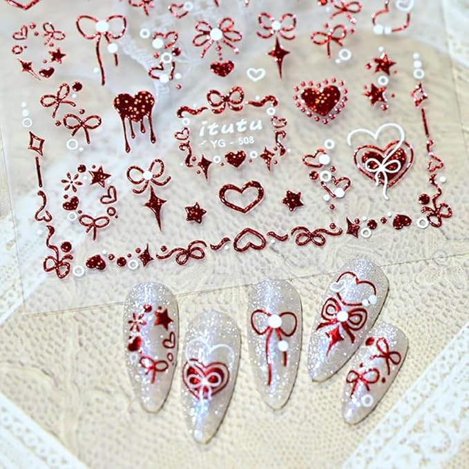 Red Heart Nail Stickers for Nail Art 5D Embossed Valentines Nail Art Stickers with Star Bow Design Glitter Heart Nail Decals Romantic Valentines Nail Supplies for Women Girls Holiday DIY Manicure