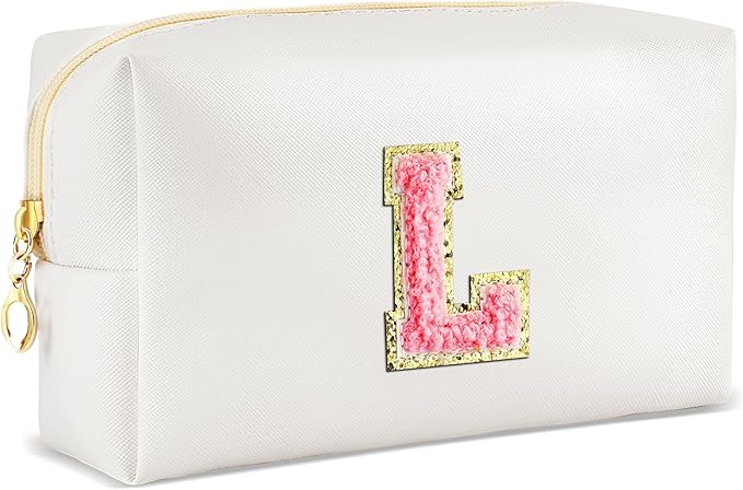 URSKYTOUS Initial Makeup Bag Personalized Preppy Travel Small Cosmetic Bag Cute PU White Chenille Letter Makeup Pouch for Purse Waterproof Zippered Toiletry Organizer for Women Girls Kids Friends (L)