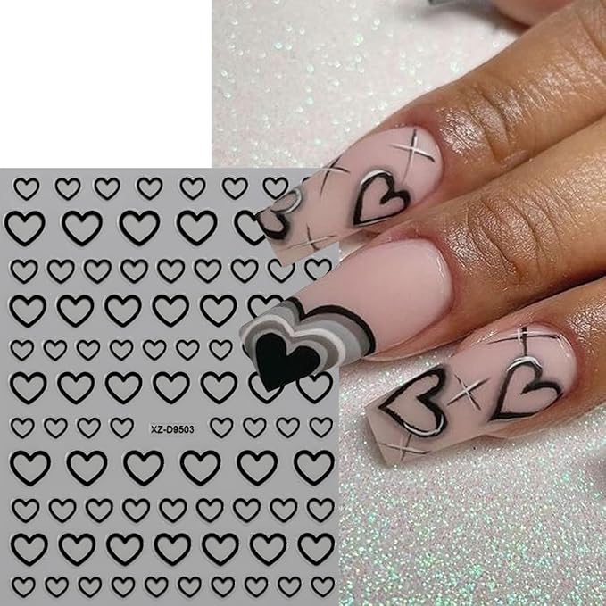 8 Sheets Heart Nail Stickers Valentines Heart Nail Decals 3D Self Adhesive Gold Silver Red White Black Hearts Nail Art Stickers Design Holiday Manicure Accessories for Women DIY Nails Supplies