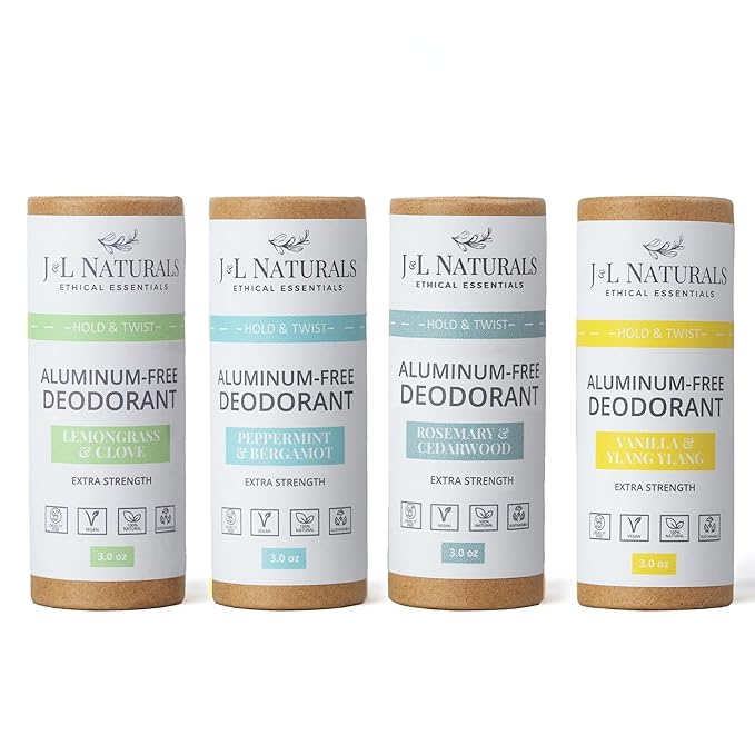 J&L Naturals Aluminum Free Deodorant for Men & Women | 100% Natural Ingredients With Coconut Oil, Shea Butter, & Essential Oils | Sustainable, Eco-Friendly (Woody & Spicy, 3.0 Oz (Pack of 4))