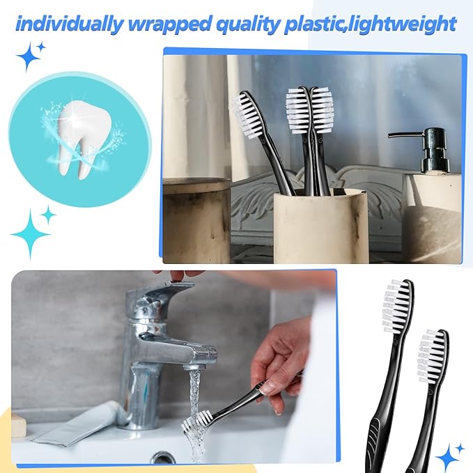 Tessco 500 Pcs Disposable Toothbrushes Individually Wrapped Soft Bristle Tooth Brush Set Travel Toothbrushes Bulk for Adults Oral Hygiene Dental Care Camping Guestroom Hotel(Black)