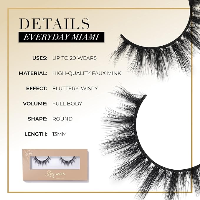Lilly Lashes Everyday Miami Natural Lashes, Faux Mink Natural Eyelashes, False Eyelashes Everyday Use, Individual Lashes Reusable up to 20x, No Lash Glue Included (13mm)