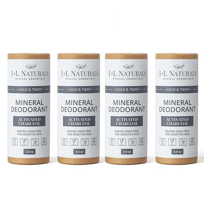 J&L Naturals Mineral Deodorant | Baking Soda-Free, 100% Natural, Sustainable Skin Care | Sensitive Deodorant For Women & Men | Aluminum Free, Vegan, Cruelty-Free (Activated Charcoal, 3 Oz (Pack of 4))
