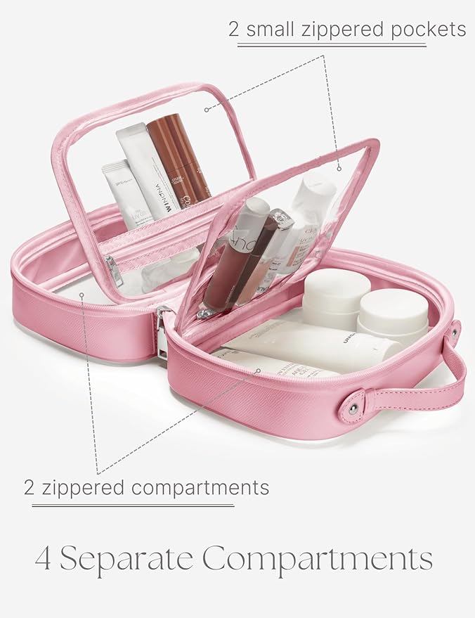 Oaque Clear Cosmetic Bag Double Layer Travel Toiletry Bag Clear Makeup Bag Case with 4 Compartments, Transparent Travel Bag for Toiletries, Large Toiletry Bag for Women Cosmetic Case (Pink, Small)
