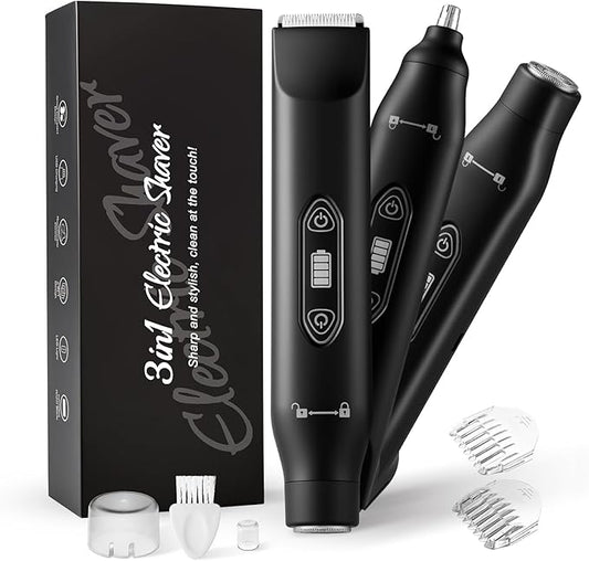Body Hair Trimmer for Men，3 in 1 Electric Razor with Ceramic Blades, IPX7 Waterproof, USB Rechargeable, Painless Hair Removal for Face，Body，Nose，Groin, Travel Grooming Kit (Black)