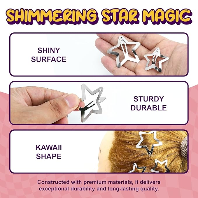 50 Pcs Metal Star Hair Clips Silver, Rave Y2K Accessories for Women Girls Teens, Small Cute Fashion Kawaii Snap Hair Pin Barrettes for Festival Concert 1.22" and 1.61"