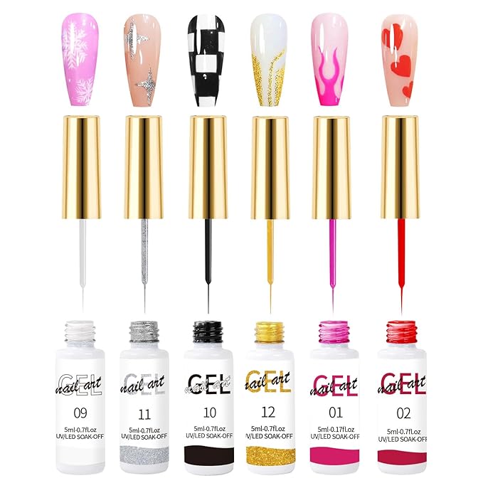 6 Pcs Gel Nail Polish Liner Set Lasting Strong Adhesion Hard Gel Carving Liner Nail Polish For False Nails Soft Tip Liner Nail Art DIY at Home