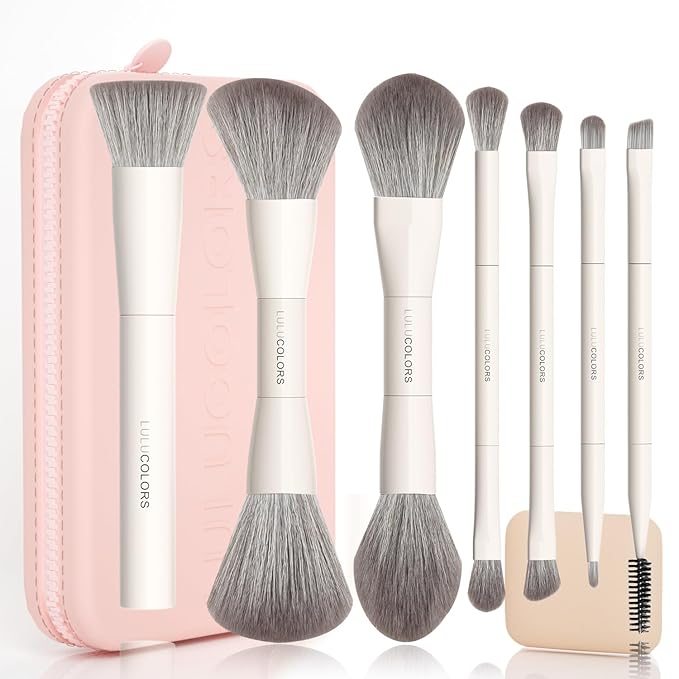 LULUCOLORS 13-in-1 Dual-Ended Makeup Brush Set with Sponge & Travel Case – 7 Multi-Functional Brushes for Face & Eyes – Soft Bristles, Wooden Handles – Available in Cream, Green, or Pink (Blush Pink)