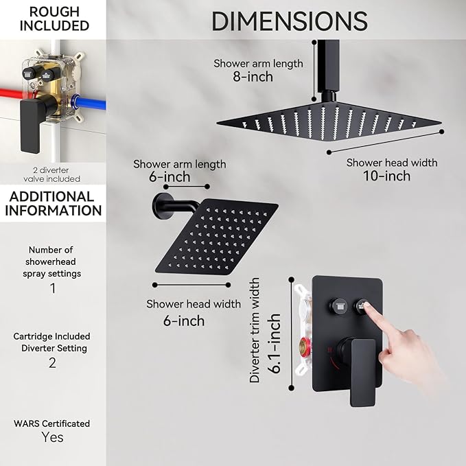 Shower Faucet Set Matte Black Shower System, STARBATH 10" Ceiling Mount Rain Showerhead and 6" Wall Mounted Rainfall Shower for Couples, On Off Button Valve Dual Head Shower Systems Complete