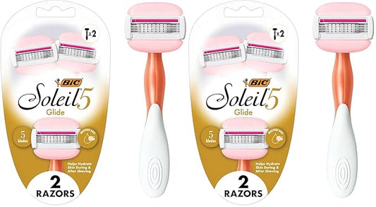 BIC Soleil Glide Disposable Razors for Women, 5 Blades With Shea Butter Moisture Strip For a Smooth Glide, 2 Piece Razor Set (Pack of 2)