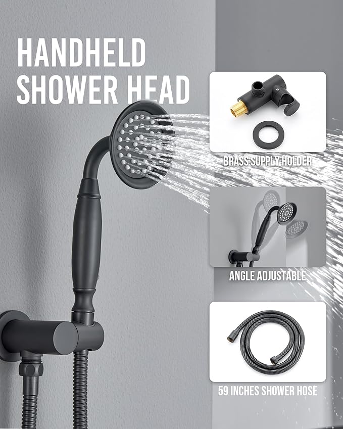 Dasan Antique Dual Rainfall Shower System, Matte Black, Complete Shower Fixture Combo, 9'' & 6'' Dual Rainfall Overhead Shower with Handheld, Valve & Trim Kit, AT3096C-MB