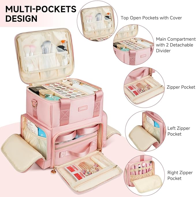 Jaffzora Extra Large Makeup Bag,4 in 1 Cosmetic Storage Organizer Travel Case with Detachable Pouches and Dividers,Pink