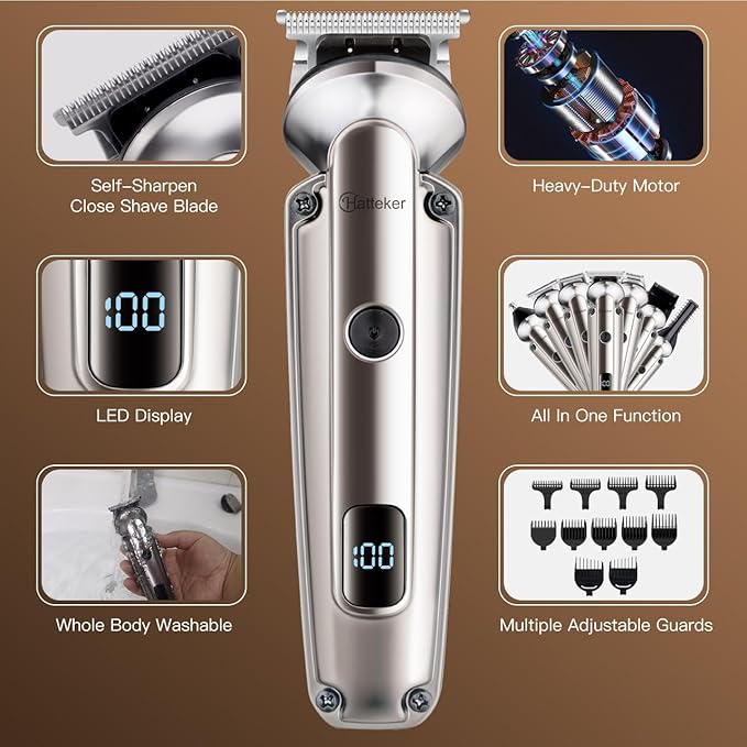 Hatteker Beard Trimmer for Men, Waterproof Hair Trimmer Electric Razor, Cordless Hair Clippers Shavers for Men, Shaving Kit for Nose Mustache Body Facial, Beard Grooming Kit 7 in 1
