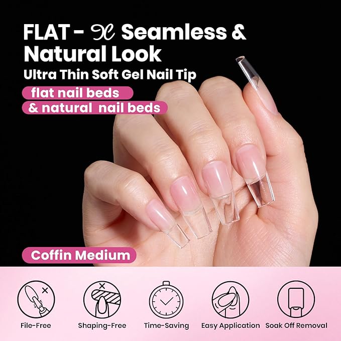 Beetles Gel Nail Tips Flat-X - Coffin Medium, 160pcs 16 Sizes, Pre-Etched Half Matte Full Cover Soft Acrylic False Nail Tips Clear Press on Easy DIY Nail Extension Salon for Flat & Natural Nail Beds