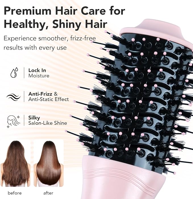 Mini Dual Voltage Hair Dryer Brush, 900 Watts 2 Inch Oval Ceramic Hot Air Brush, One Step Hair Dryer and Styler for Travel, Suitable for All Hair Types, Pink