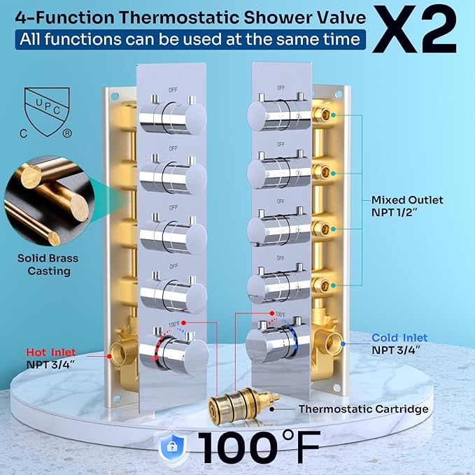 HOMEDEC Dual Shower Faucet Set for Couples, 16x32" & 6" Side Shower Heads, 4-Way Diverter Valves, Shower System with Body Jets & Handheld, Chrome