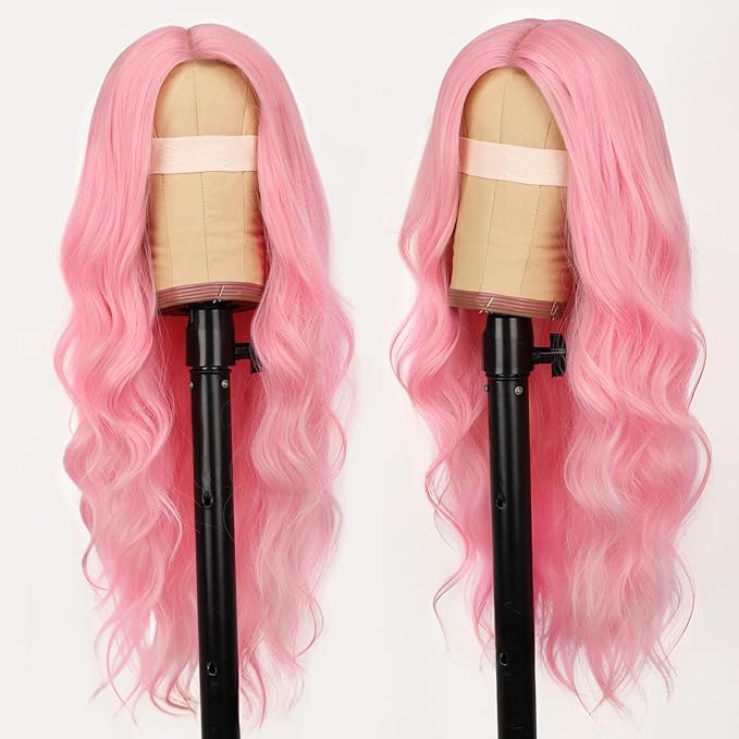AISI HAIR Pink Wig for Women, Long Wavy Lace Hairline Middle Part Synthetic Wig for Daily Party-26 Inch