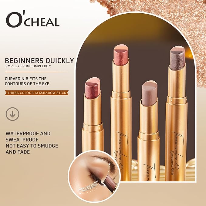 O'CHEAL 3 Color Gradient Eyeshadow Stick Matte Shimmer Waterproof Long-lasting Crease-proof & easy to apply, suitable for dailymakeup touch-ups，Eye shadow pen for Make Up 03#Fine Glitter Orange