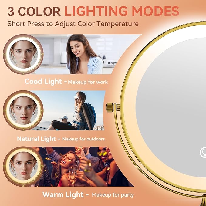 GURUN 8" Wall Mounted Lighted Makeup Mirror, 4500mAh Rechargeable 1&7X Magnifying Mirror with Light, | 3 Color LED Lighting & Touch Control | 360° Rotation & Extended Arm Wall Mounted Makeup Mirror
