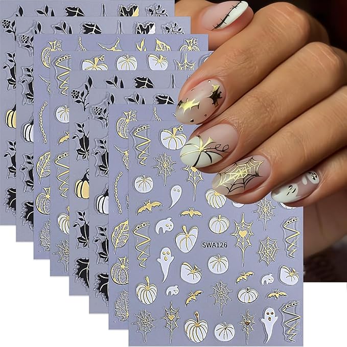 Halloween Pumpkin Ghost Nail Art Stickers Fall Maple Leaf Nail Decals Golden Fall Leaf Bat Spider Web Ghost 3D Self-Adhesive Nail Design Stickers for Women Holiday Manicure 8 Sheets