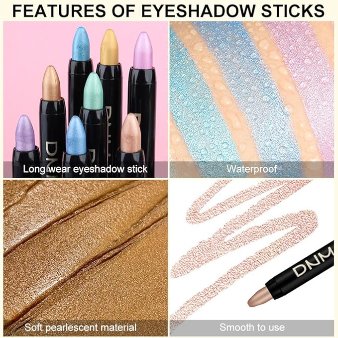 Kaely 8Pcs Cream Eyeshadow Stick Set, Desert Mocha Beige Gold Light Purple Pink Sky Dazzling Blue Geen, Shimmer Eyeliner Pencil Eye Shadow Sticks Palette Makeup for Older Women, sombras para ojos 02