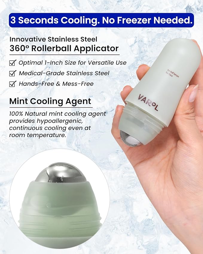 VAROL Ice Roll Serum for Face, Puffy Eyes, Under Eye Bags - Panthenol & Tannin for Hydrating, Pore Minimizing, Ice Roller for Puffiness, Redness, Dark Circles - Korean Skin Care & Gua Sha, 1.69 Fl Oz