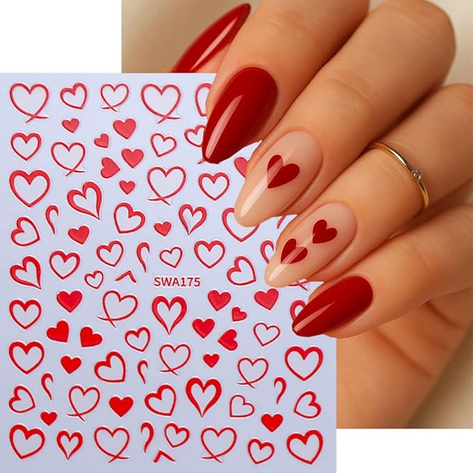 Heart Nail Stickers for Nail Art 3D Self-Adhesive Gold Silver Red Hearts Nail Decals Valentine Heart Nails Art Sticker Holiday DIY Manicure Decoration Accessories for Women 6 Sheets