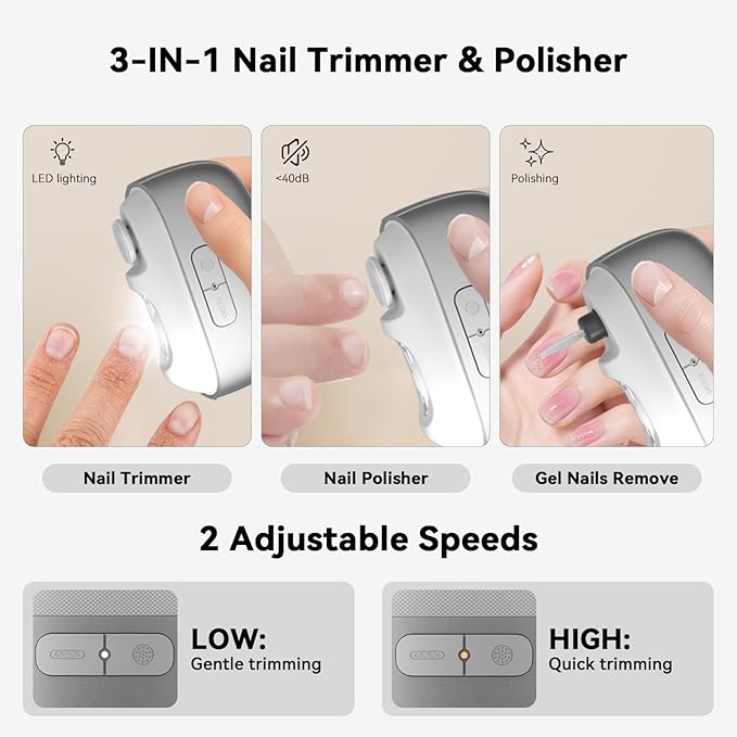Electric Nail Clipper Fingernail Trimmer: 3-in-1 Automatic Nail Polisher with LED Light, Clip Storage, 2-Speed, Rechargeable Smart Nails Cutter Easy to Use for Seniors, Baby, Adult, Kids, White