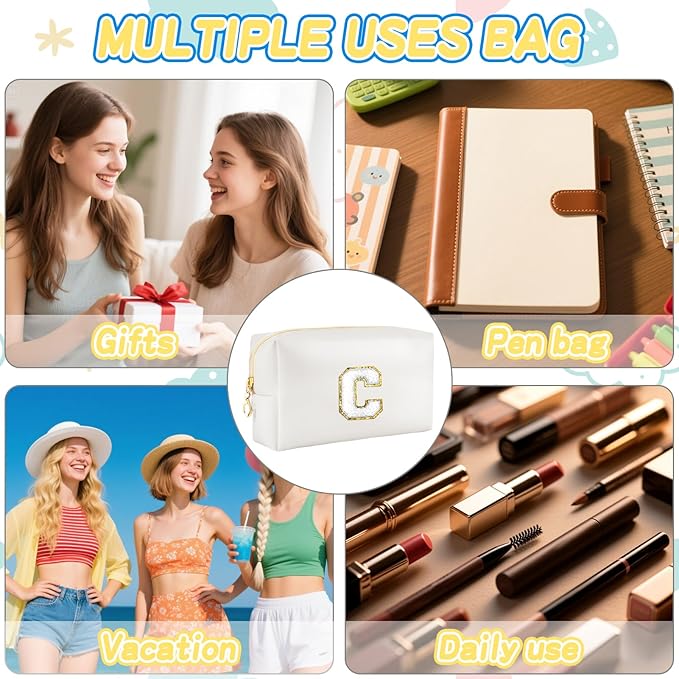 URSKYTOUS Gifts for Girls Initial Makeup Bag Personalized Cosmetic Bag with Zipper Cute Travel Toiletry Bags Waterproof PU Preppy Makeup Pouch Birthday Gift for Teen Girls Women(White C)