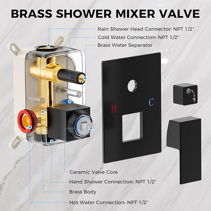 Shower Faucet Set Matte Black Complete Shower System with 8 Inches Rain Shower Head and Handheld Spray Bathroom Rain Shower Faucet Set Rainfall Shower System with Shower Valve（RY3-LYQ2-Black）
