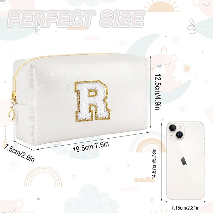 URSKYTOUS Gifts for Girls Initial Makeup Bag Personalized Cosmetic Bag with Zipper Cute Travel Toiletry Bags Waterproof PU Preppy Makeup Pouch Birthday Gift for Teen Girls Women(White R)