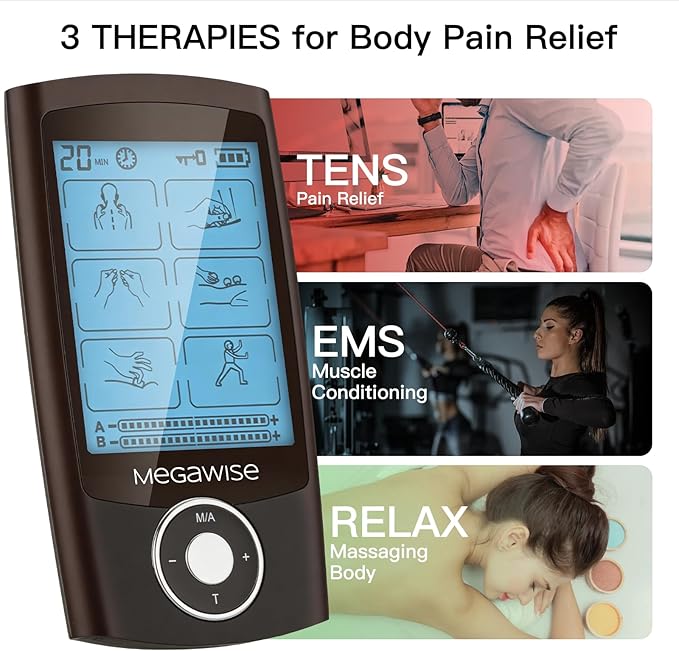 MegaWise 48 Modes（24 * 2） Dual Channel EMS TENS Unit Muscle Stimulator with 14Pcs Reusable Electrode Pads. Rechargeable Continuous Mode Electronic Pulse Massager with Storage Pouch/Pads Holder