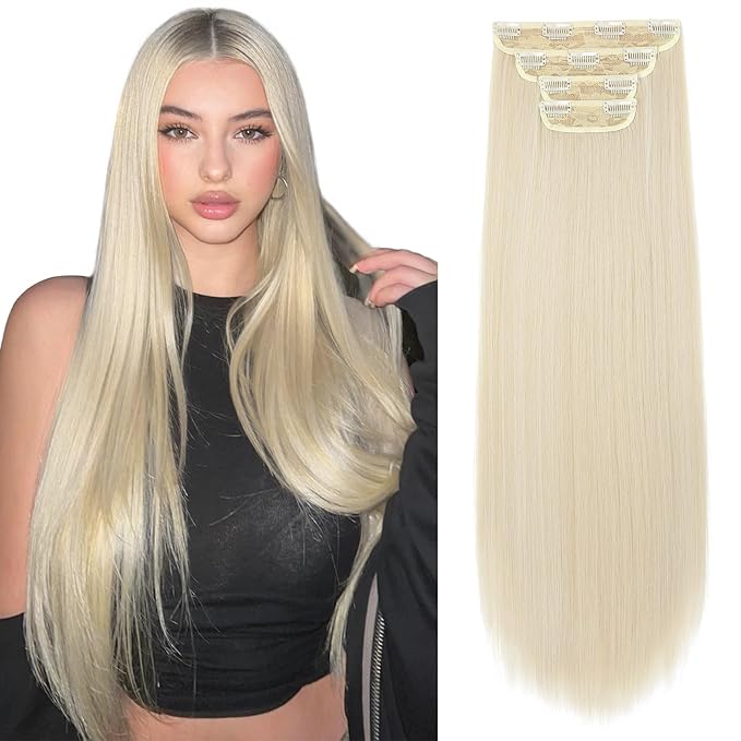 REECHO 24" Straight Long 4 PCS Set Thick Clip in on Hair Extensions - Light Blonde