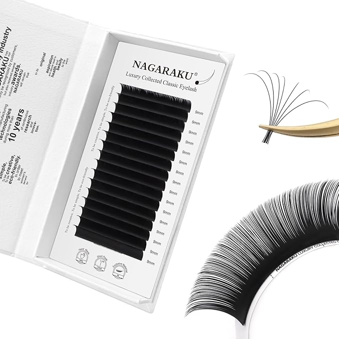 NAGARAKU Individual Eyelash Extensions, Luxury Collected Classic Single Lashes Upgraded 3rd Generation Soft Natural Beauty Salon Professional Lash Supplies 16 Rows Matte Black -0.05 C Curl 9mm