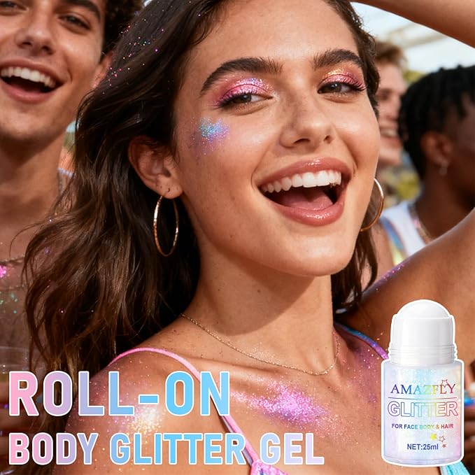 1PC Roll-on Holographic Body Glitter Gel for Body, Hair, Face, Chameleon Color Changing Glitter Gel Under Light, Chunky Mermaid Sequins Festival Party Rave Accessories Shimmer Makeup (Sparkling Pink)