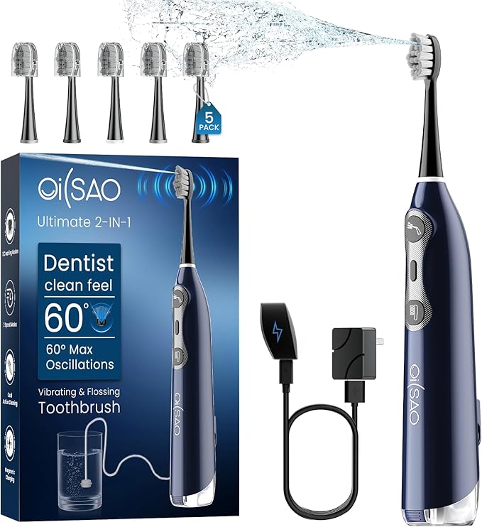 OILSAO 3-in-1 Flossing Toothbrush-Flosses, Vibrates and Oscillates, Electric Toothbrush with Water Flosser Equipe 5 Brush Heads, Plaque Removal for Sensitivity, Braces-Blue