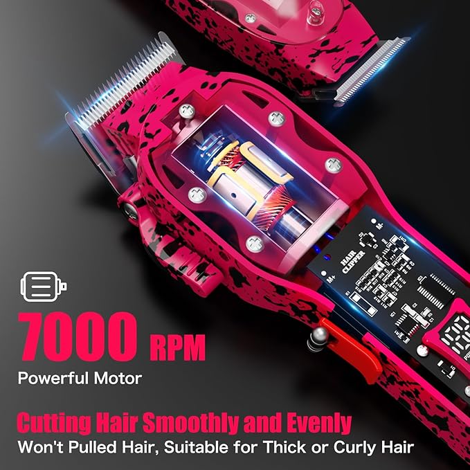Professional Hair Clippers for Men, Cordless Barber kit for Hair Cutting & Grooming, Hair Clippers and Trimmer Set for Barber Haircut with LED Display, 8 Fade Taper Combs(Pink Set)
