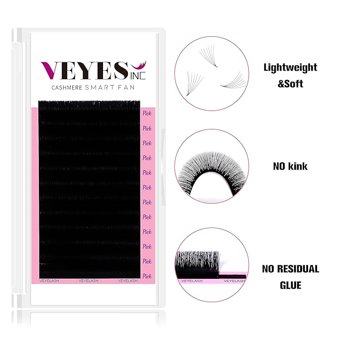 VEYES INC Cashmere Smart Fan Lash Extensions 0.03 0.05 0.07 C/CC/D Curl 8-20mm Mixed & Single Length, Super Matte Black Volume Lashes, Professional Supplies for Lash Techs (0.05 CC 16mm)