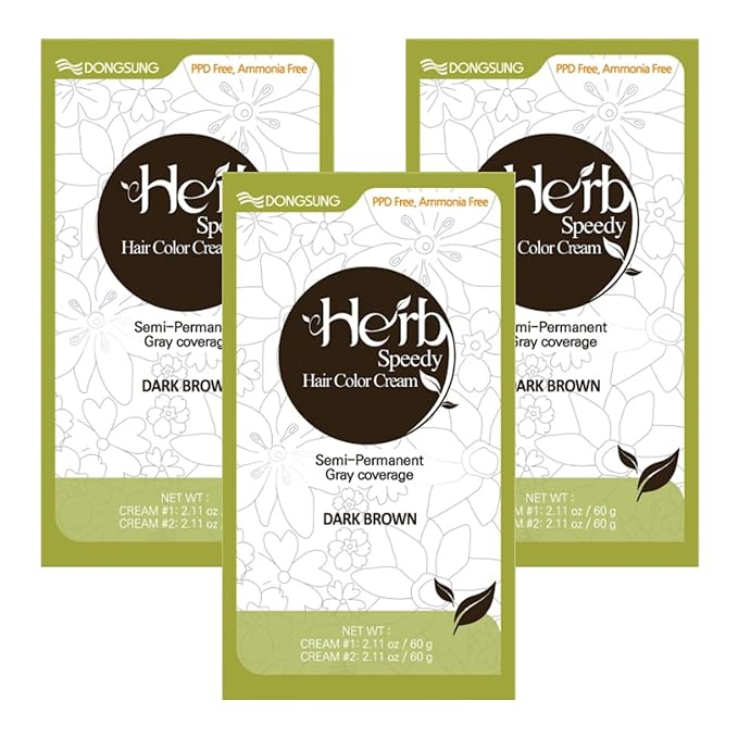 Dongsung Herb Speedy Color Cream (Dark Brown, 3 Pack), PPD-Free Ammonia-Free Vegan Gray Coverage Hair Dye with Sun Protection, Odorless, Gentle for Sensitive Scalp, No Eye or Scalp Irritation