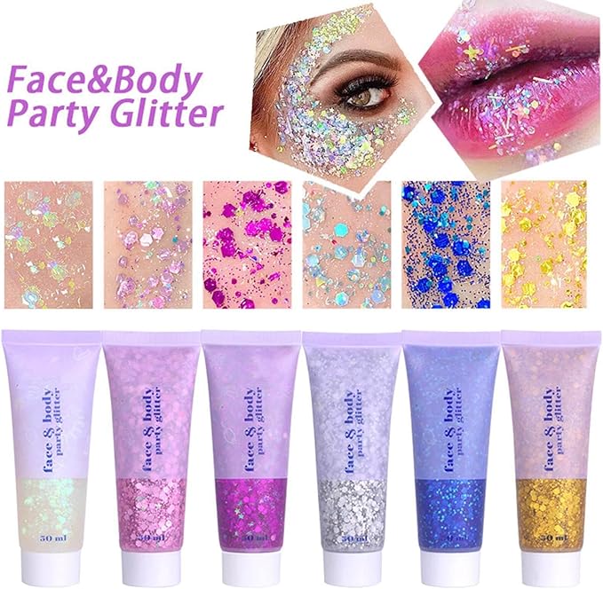 MEICOLY Clear White Body Glitter,Singer Concerts Music Festival Rave Accessories,Mermaid Face Glitter Gel,Sequins Glitter Face Paint,Chunky Hair Sparkling Halloween Glitter Gel for Women,50ml