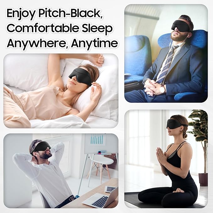 MOEASEii Sleep Mask - Total Blackout 3D Sleeping Mask, Super Lightweight & Silky Soft Eye Mask for Sleeping, Fully Adjustable Fit for Home, Office, Traveling, Meditation, Yoga, Black