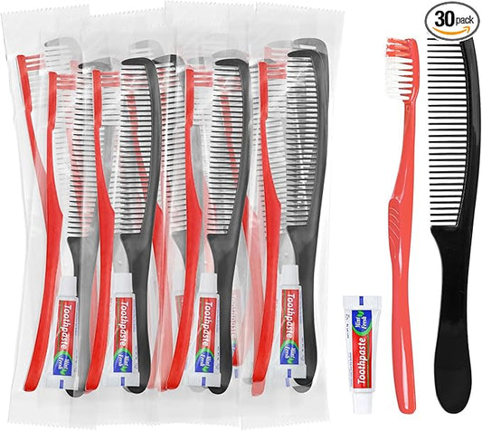 Red Disposable Toothbrushes with Toothpaste and Comb - Pack of 30,Individually Wrapped Single Use Travel Toothbrushes Kit Bulk for Homeless,Guests,Hotel