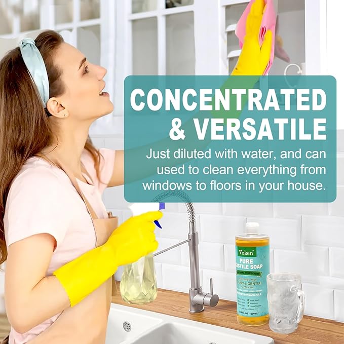 Yoken EWG Verified Castile Soap Liquid Unscented 33.8 fl oz Pure Castile Liquid Cleanser Made With Organic Oil, Clean & Gentle, Natural Castor Oil Soap for Body Wash, Hand, Dishes, Laundry