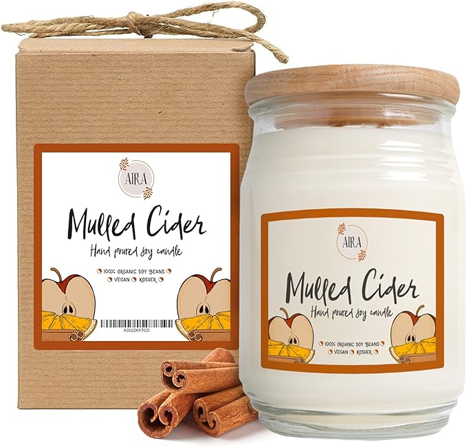Aira Soy Candles - Organic, Kosher, Vegan, in Farmhouse Jar w/Essential Oils - Hand-Poured 100% Soy Candle - Double Wick, Paraffin Free, Burns 150+ Hours - Fall Candle - Mulled Cider - 20 Ounces