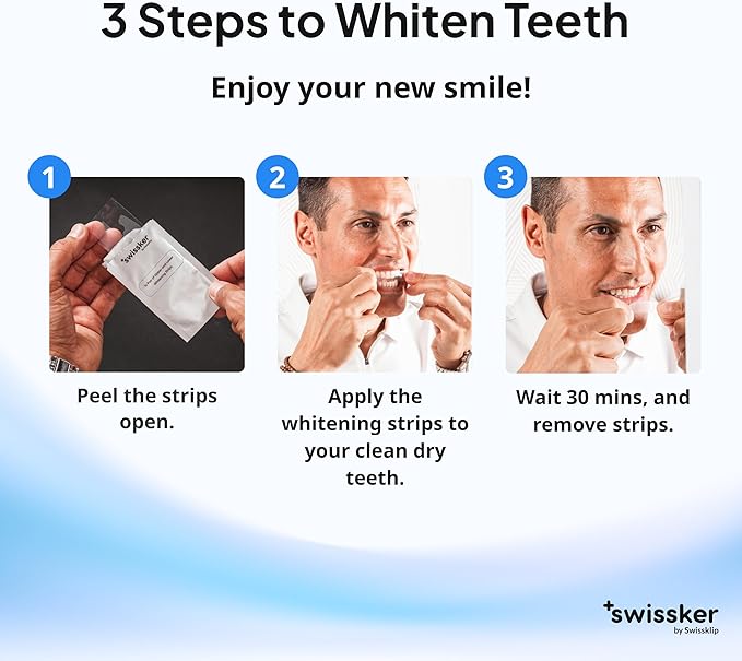 Swissker by Swissklip ShineStrips Teeth Whitening Strips, Enamel Safe, Dentist Formulated, Visible Results in 2–3 Treatments, 28 Strips (14 Upper + 14 Lower)