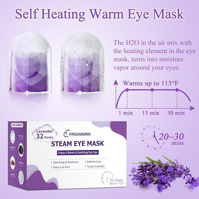 FRSHMORN 32 Packs Steam Eye Mask, Heated Eye Mask for Sleeping, Warm Compress for Eyes, Self Heating Disposal Steam Mask for Home Sleep, Office, Spa, Travel Essentials Stocking Stuffers (Lavender)