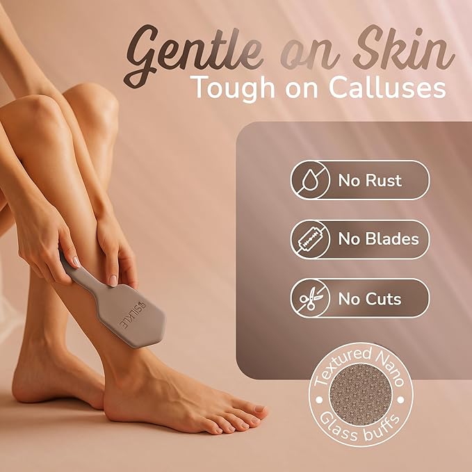 Nano Glass Foot File - Silicone Foot Callus Remover for Feet and Cracked Heels - Heel Scraper for Dead Skin - Ergonomic Foot Scrubber & Exfoliator for Shower with Non-Slip Grip - Brown