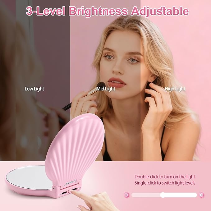 Compact Makeup Mirror with Lights Travel Vanity Mirror with Lights Small Compact Mirror 2x/10x Magnification & LED Lighted, Magnifying Mirror Portable Adjustable Rechargeable, Pink