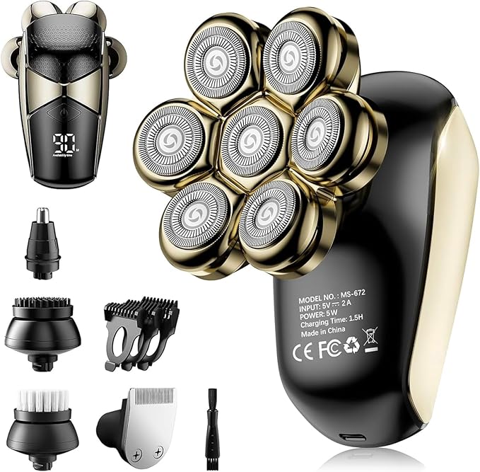 Detachable Head Shavers, SHPAVVER 5 in 1 Electric Razor IPX7 Waterproof for Bald Men, Wet Dry LED Display Rechargeable 7D Rotary Shaver Grooming Kit with Type C Charge A
